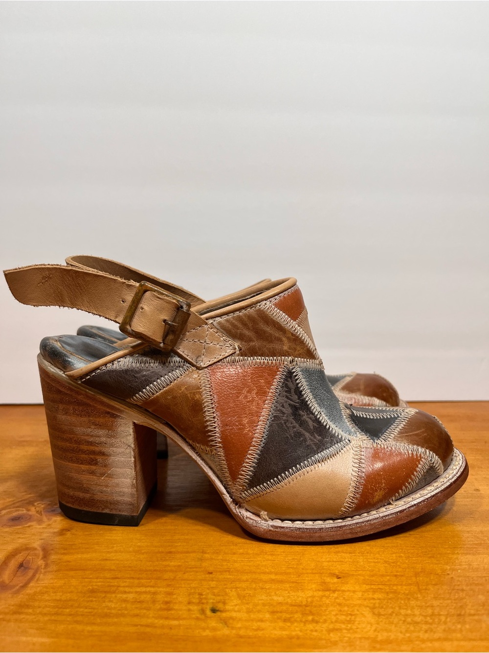 FreeBird Gold Patchwork Leather Slingback Heeled Clogs